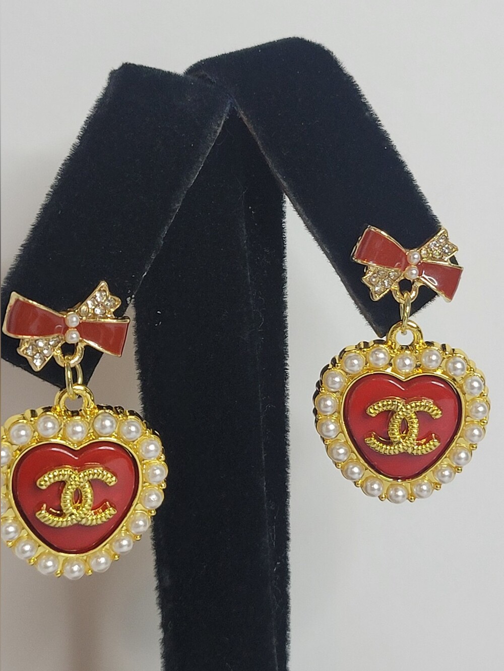 Deep Red/Crystal Bow & Heart CC Earrings